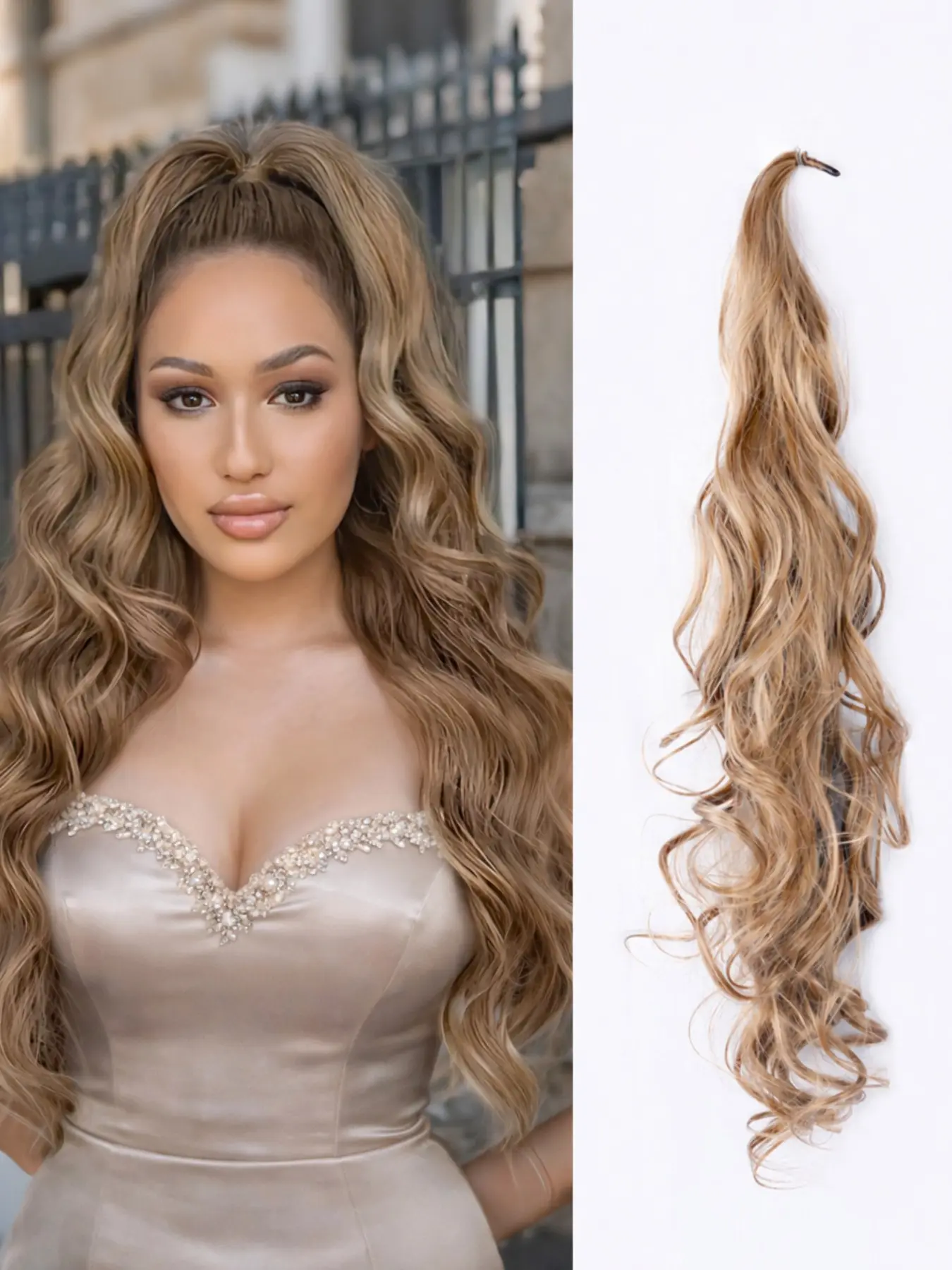 Ponytail Extains Ponytail Extainson 32 Inch Flexible Wrap Around Ponytail Hair Extension Long Wavy Glueless Deep Wave Pony Tails hair Extension Synthetic Hairpieces Synthetic Extensions For Women and Girls.(Color：M8-25)
