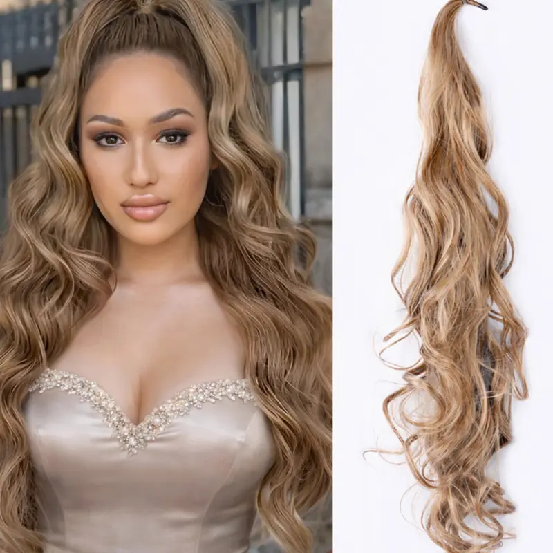 Ponytail Extains Ponytail Extainson 32 Inch Flexible Wrap Around Ponytail Hair Extension Long Wavy Glueless Deep Wave Pony Tails hair Extension Synthetic Hairpieces Synthetic Extensions For Women and Girls.(Color：M8-25)
