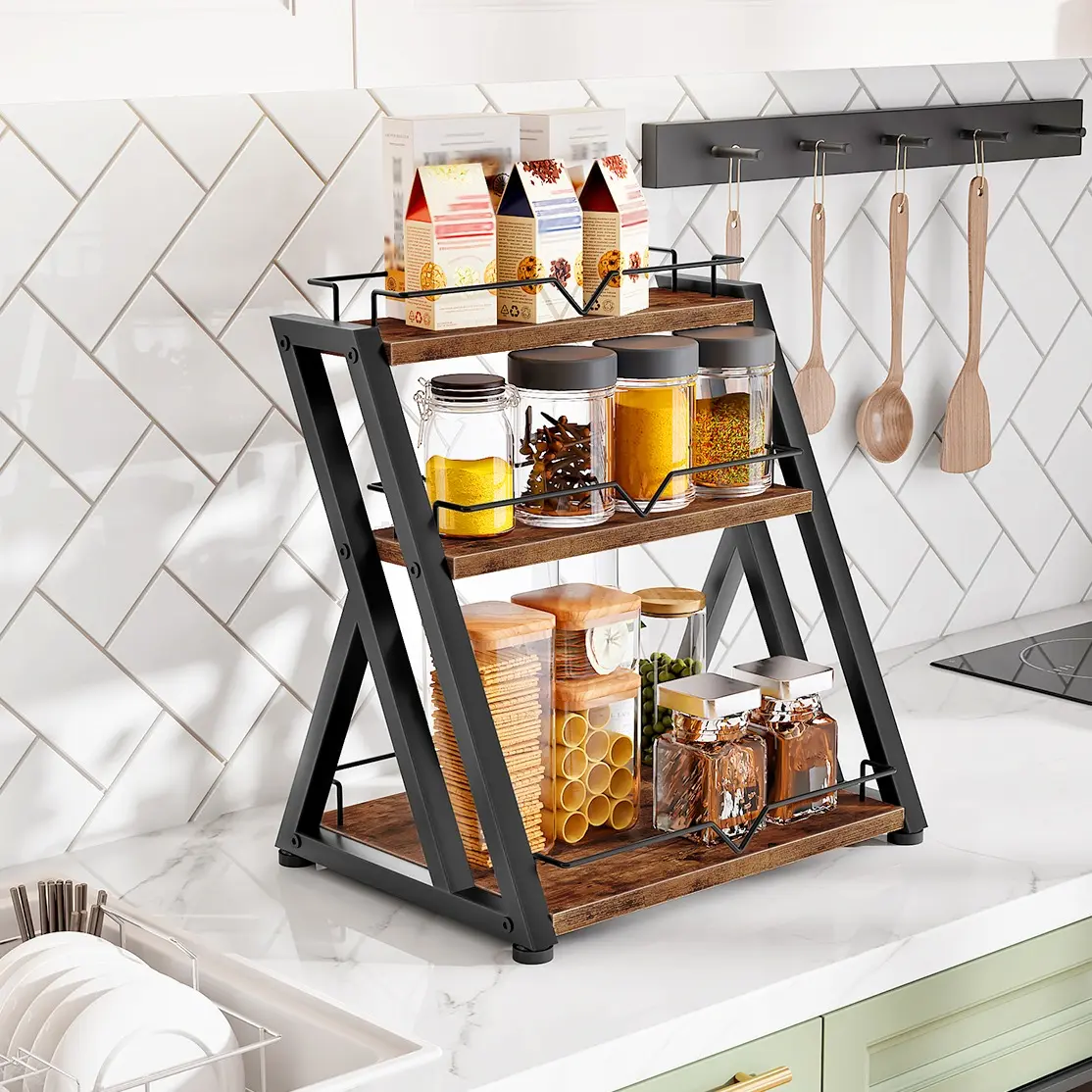 HOOBRO 3-Tier Kitchen Spice Rack, Kitchen Countertop Shelf, Multi-Layer Desk Shelf Organizer, Dresser Top Storage Rack, for Office, Living Room, Bathroom, Rustic Brown and Black #SummerVibes