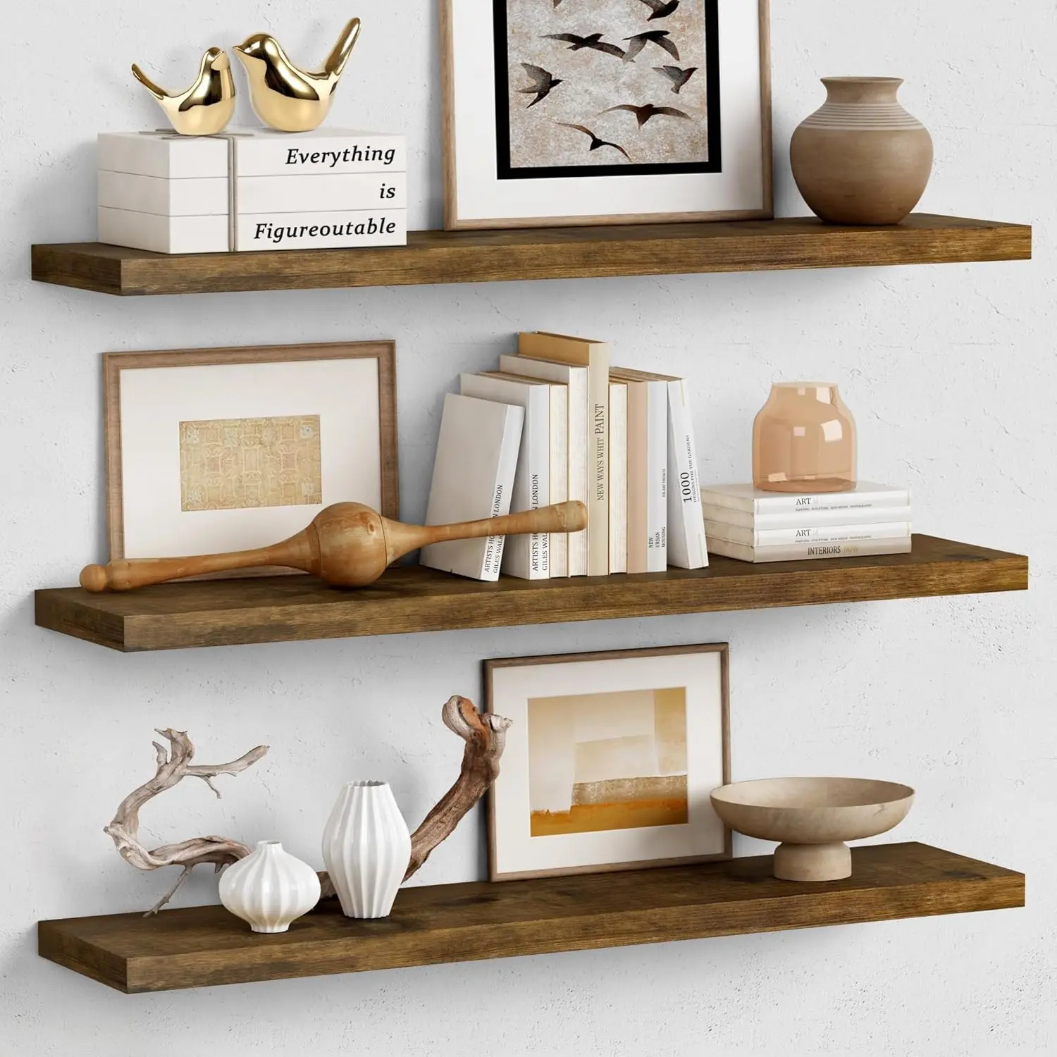 36 Inch Floating Shelves for Wall Long Set of 3, Large Deep Wall Shelves for Bedroom Living Room Decor, Rustic Wood Floating Shelf for Kitchen Closet Office TV Plants Books (Dark Brown)