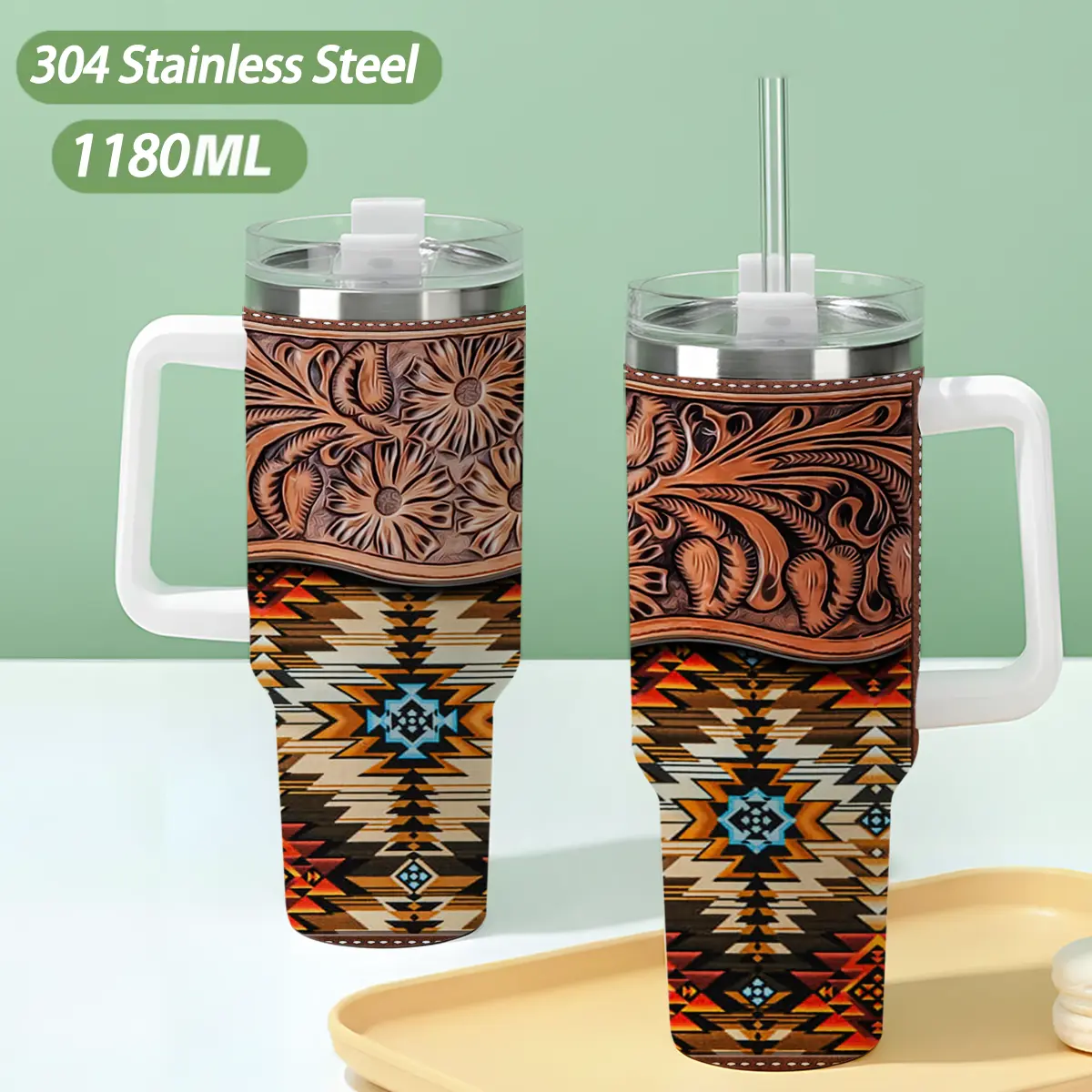 40oz Portable 304 Stainless Steel Insulated Water Bottle with Lid, Handle, Floral-Geometric Patterns, Suitable for Car Use, Office, Birthday Gifts (Drinkware for Daily Hydration), Water Bottles, Flasks
