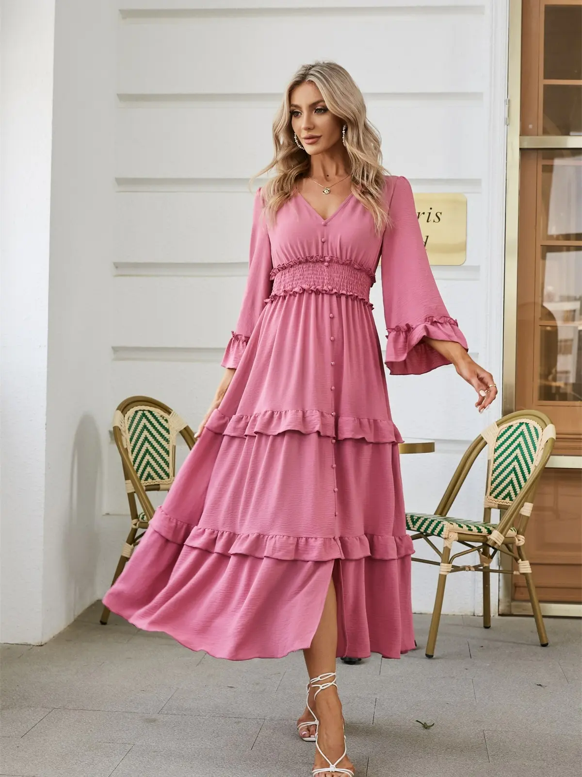 BerryGo Women's V-Neck Long Sleeve Bohemian Maxi Dress - 2023 Fall Cute Beach Maternity Hippie Formal Dress for Wedding Guests, Engagement Events