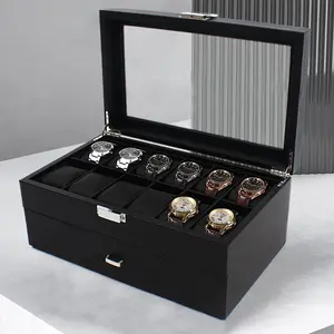 CNCEST Carbon Fiber Watch Box with Glass Top, 24-Watch 2-Layer Display Case Organizer with Soft Pillows, Luxury Wood Storage for Business Casual Jewelry, Bracelets, Necklaces