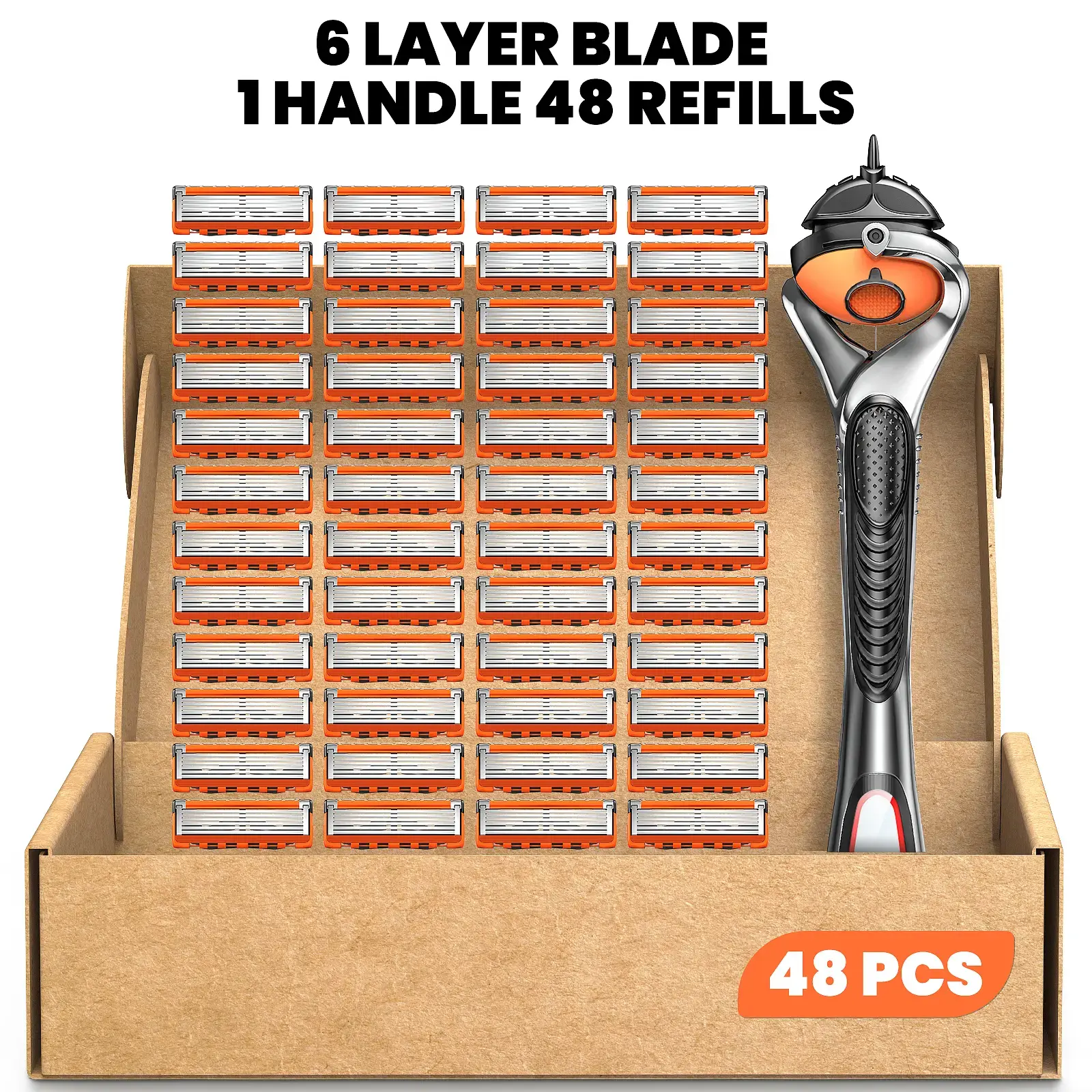 [Men Use] 48Pcs Razor Blade Replacement Refills with Handle, Sharp Head Shaver Blades for Daily Grooming, Men Care KIts, Razors for Men