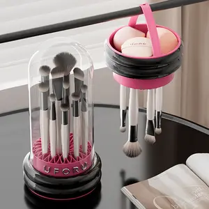 UFORU Makeup Brush Holder Organizer, Dustproof Desktop Storage Rack, Beauty Egg Cleaning Brush,Drying Rack,Wash and Dry Integrated Storage Box with Clear Dome Lid,Cosmetic Cleansing