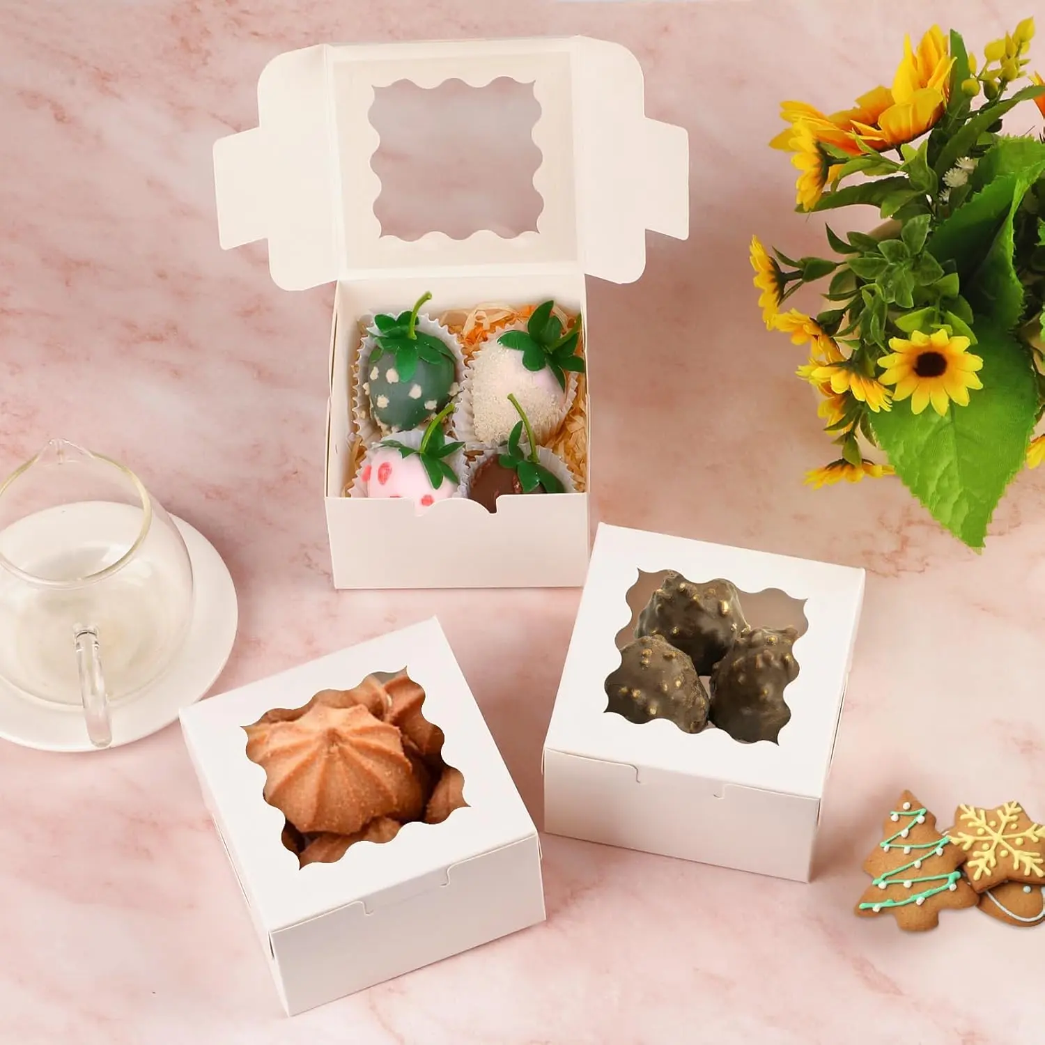 24pcs White Cookie Boxes, 4x4x2.5 Inches Bakery Boxes with Window, for Mini Cake Treat Dessert Pastry Donuts Macaroon Strawberries Chocolate Candy (with Stickers)