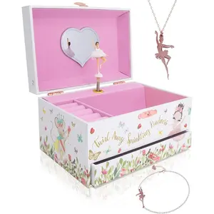The Memory Building Co Ballerina Musical Jewelry Box Plays Classic Melody, Storage Organizer Music Box for Kids Ages 6-12, Wood w/ 2 Fabric Lined Ring Bracelet Necklace Treasure Compartments
