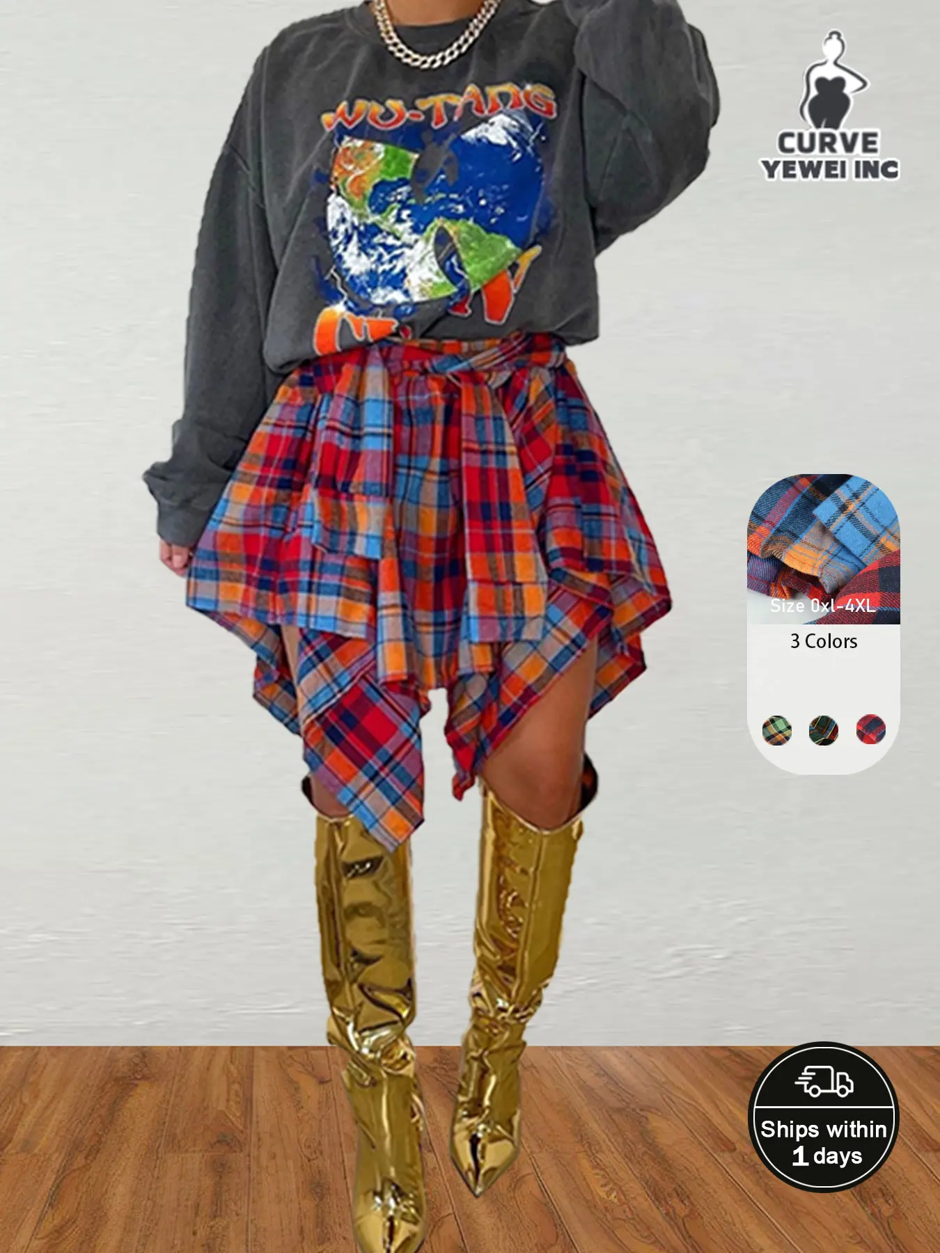 【Plus Size】 Women's Plaid Print Tie FrontAsymmetrical Hem Skirt, Casual Fashion ElasticWaist A-Line Skirt for Daily Outdoor WearWomen Clothing for All Seasons