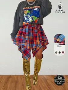 【Plus Size】 Women's Plaid Print Tie FrontAsymmetrical Hem Skirt, Casual Fashion ElasticWaist A-Line Skirt for Daily Outdoor WearWomen Clothing for All Seasons