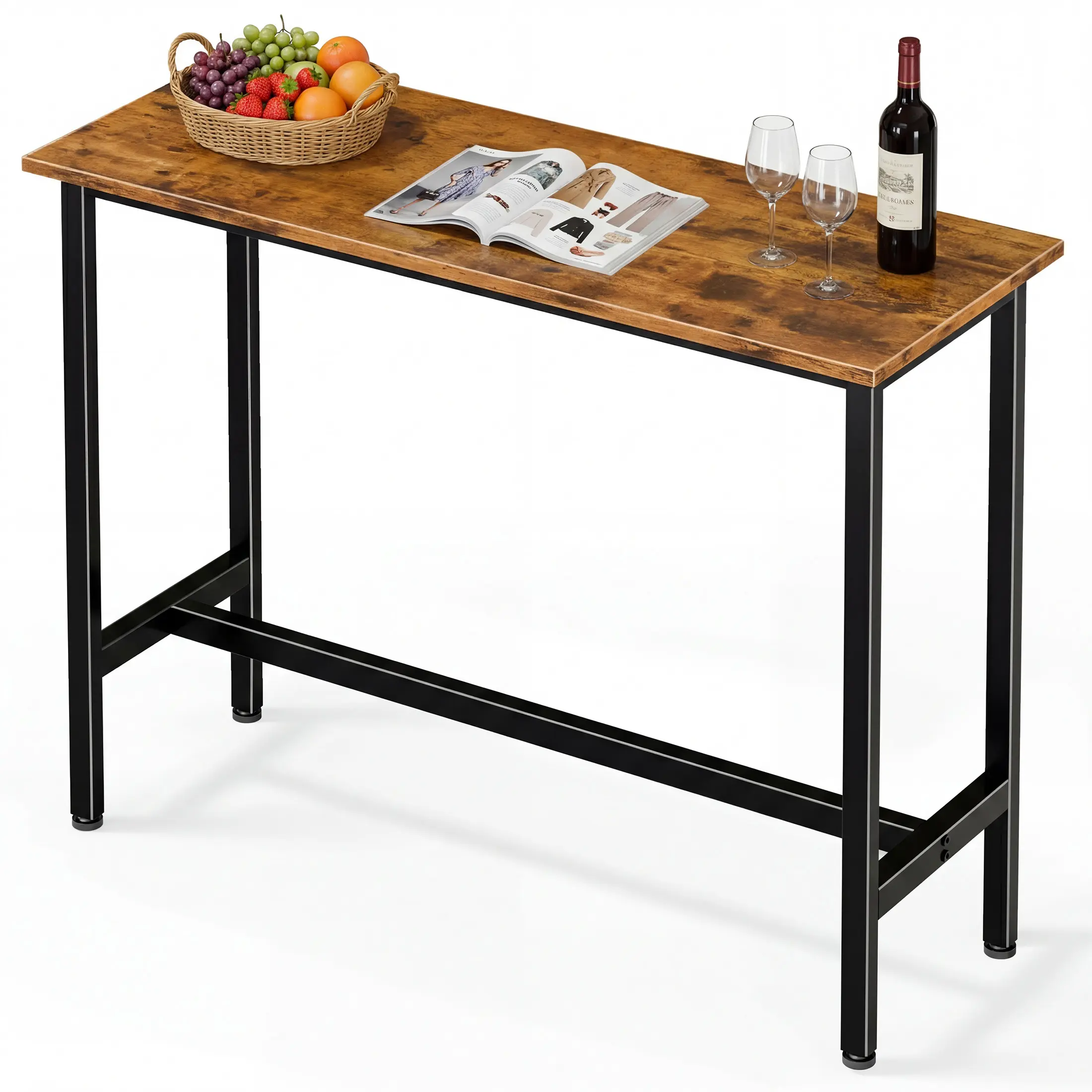 Bar Table, Industrial Style Dining Table with 220Lbs Load Capacity, Sturdy MDF Wood Tabletop with Square Steel Frame, Adjustable Feet for Kitchen, Living Room, Restaurant, Bistro