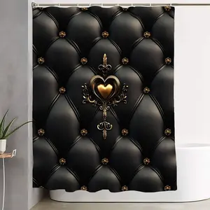1/4pcs Luxury Black Tufted Leather-Like Shower Curtain Set with Gold Heart Floral Design, 4-Piece Bathroom Accessories (72x72" Curtain, Toilet Seat Lid Cover, Large & Small Bath Mats) - Perfect for Valentine’s Day, Anniversary, Romantic Home Decor