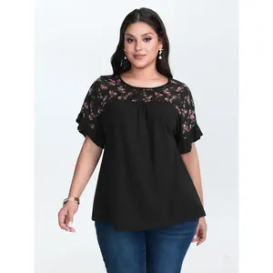 BLOOMCHIC Women's Plus-Size Short-Sleeve Sheer Floral Print Contrast Knit Blouse - Polyester Patchwork Fabric, Casual Fit Lady Top Womenswear 2026 Summer Vibes