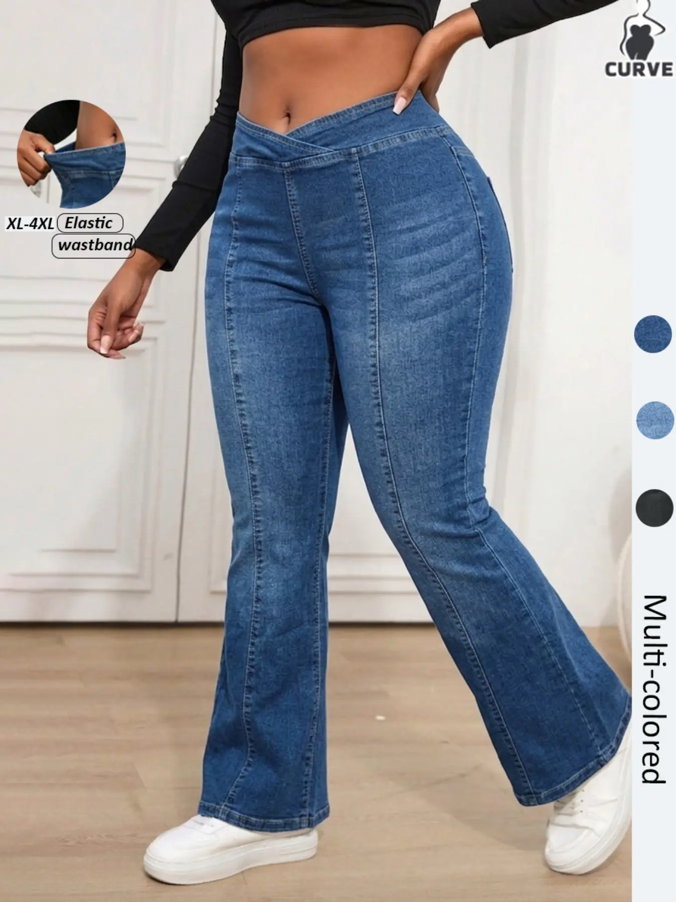 Women's Plus Size Curvy Stretch Micro Flare Denim Jeans, High Waist Butt Lifting, Cross Waistband Comfortable, Vintage Washed Blue, Chic Elegant Casual Fit Flared Long Pants Bottoms