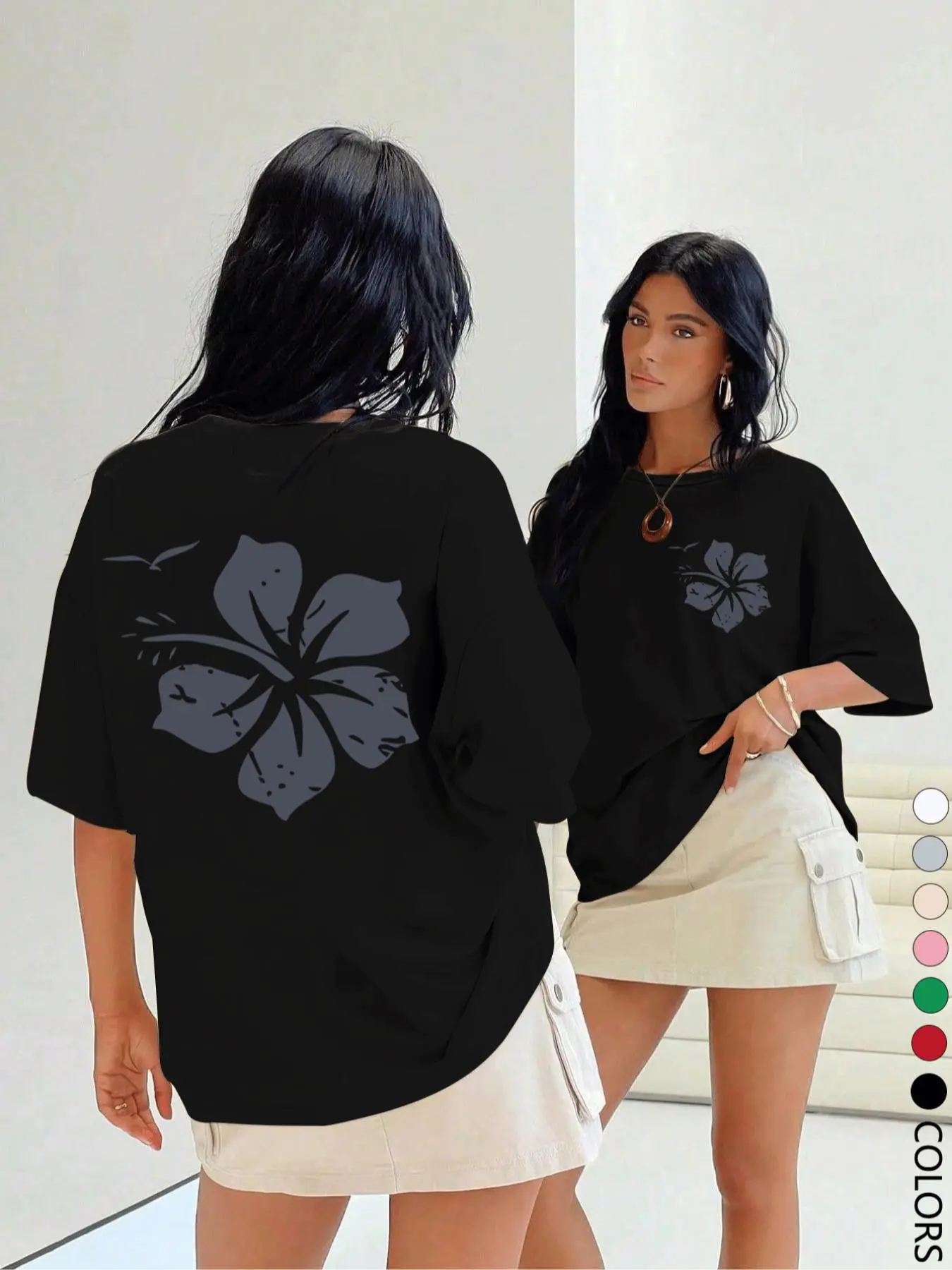 Women's Hibiscus Flower Print Round Neck Tee, Casual Short Sleeve Crew Neck T-shirt for Summer, Fashion Women's Top for Daily Wear, Casual Breathable Top, Casual Chic Top
