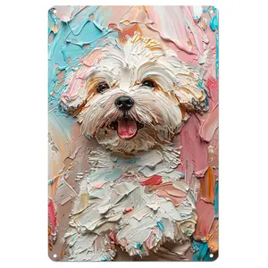 Cute Little White Dog Poster Funny Dog Wall Sticker Abstract Pet Wall Art Metal Sign Animal Artwork Simple Modern Home Decor For Living Room Kids Bedroom Durable Aluminum 8x12 Inch