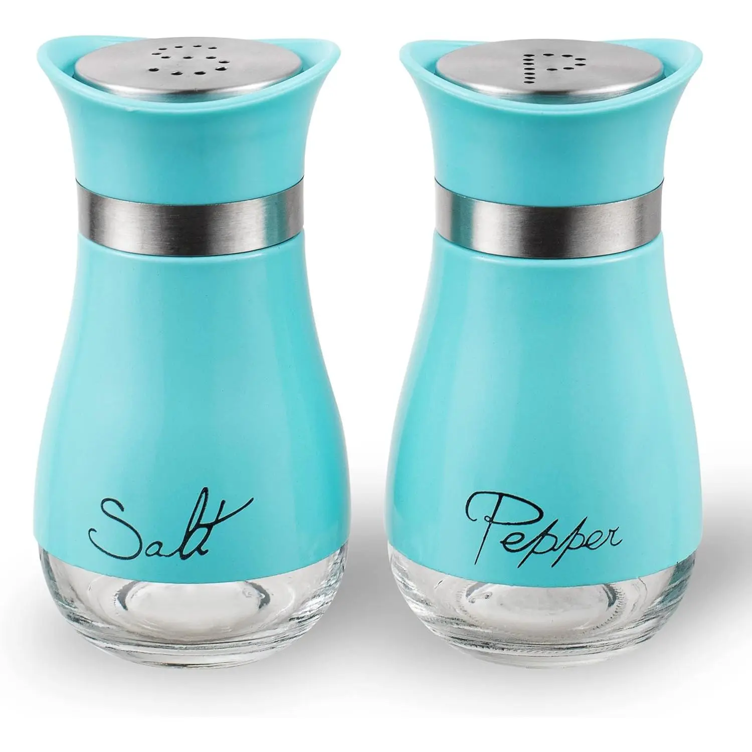 Salt and Pepper Shakers, Stainless Steel and Glass Bottle, Set of 2, Turquoise