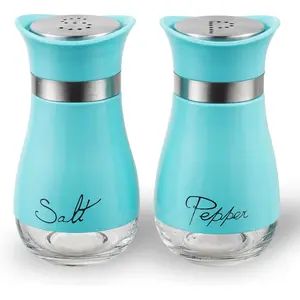 Salt and Pepper Shakers, Stainless Steel and Glass Bottle, Set of 2, Turquoise