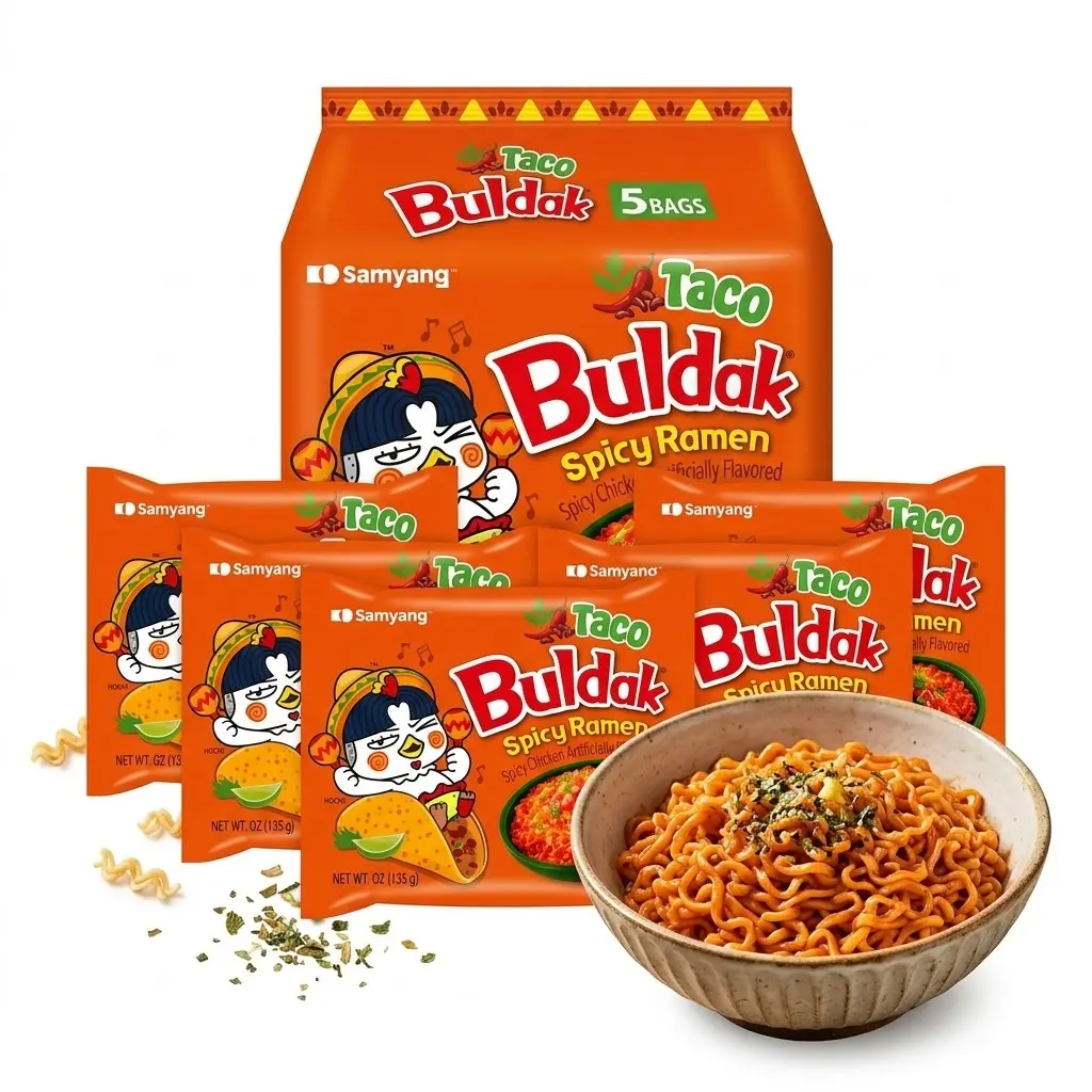 Samyang Taco Buldak Spicy Chicken Flavor Ramen Noodles, Hot & Spicy Korean Instant Stir-Fry Noodles, Pack of 5 Bags, 23.8 oz