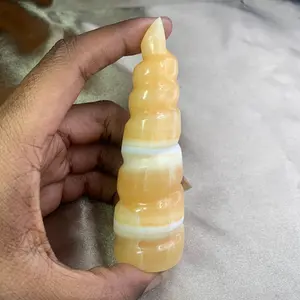 Natural Medium Orange Calcite Crystal Spiral Tower Unicorn Horn