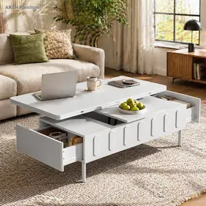 VIBE HAUS 4-in-1 Collapsible Expandable Rectangle Lift-Top Coffee Table with Drawers - Modern MDF & Metal Legs Living Room Centerpiece, Adjustable Ht., Foldable Top with Hidden Storage, Convertible for Family Dinners [Video Provided]