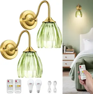Battery Operated Wall Sconce Set of 2, Green Glass Tulip Vintage Wall Sconce with 5000 mAh Rechargeable Wall Sconces, Battery Powered Wall Lights Dimmable with Remote Control for Bedroom