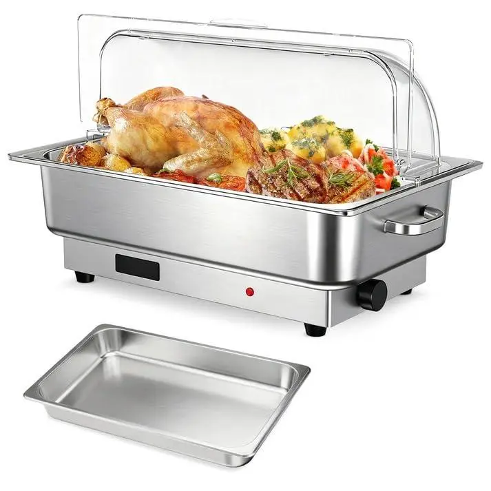Electric Chafing Dish Buffet Set, 9 QT Roll Top Food Warmer with Transparent PC Lid, 400W Temperature Control 86-200°F, Stainless Steel Chafer for Catering Parties