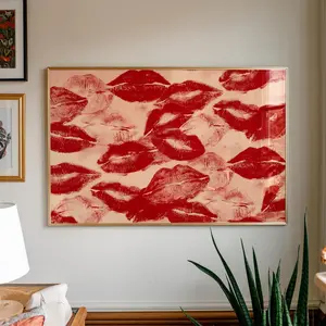 Red Kisses Wall Art – Dopamine Bedroom Decor, Horizontal Red Print for Girlfriend, Trendy Valentine's Day Gift Poster – 5 Size, 8x12 to 27x40 inch, Room Decor, Unframed