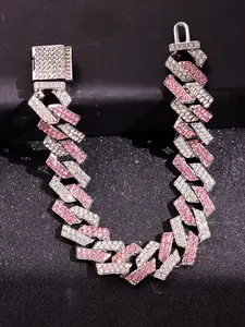 1pc Silver Metal Bracelet With Pink Rhinestones, Men Jewelry