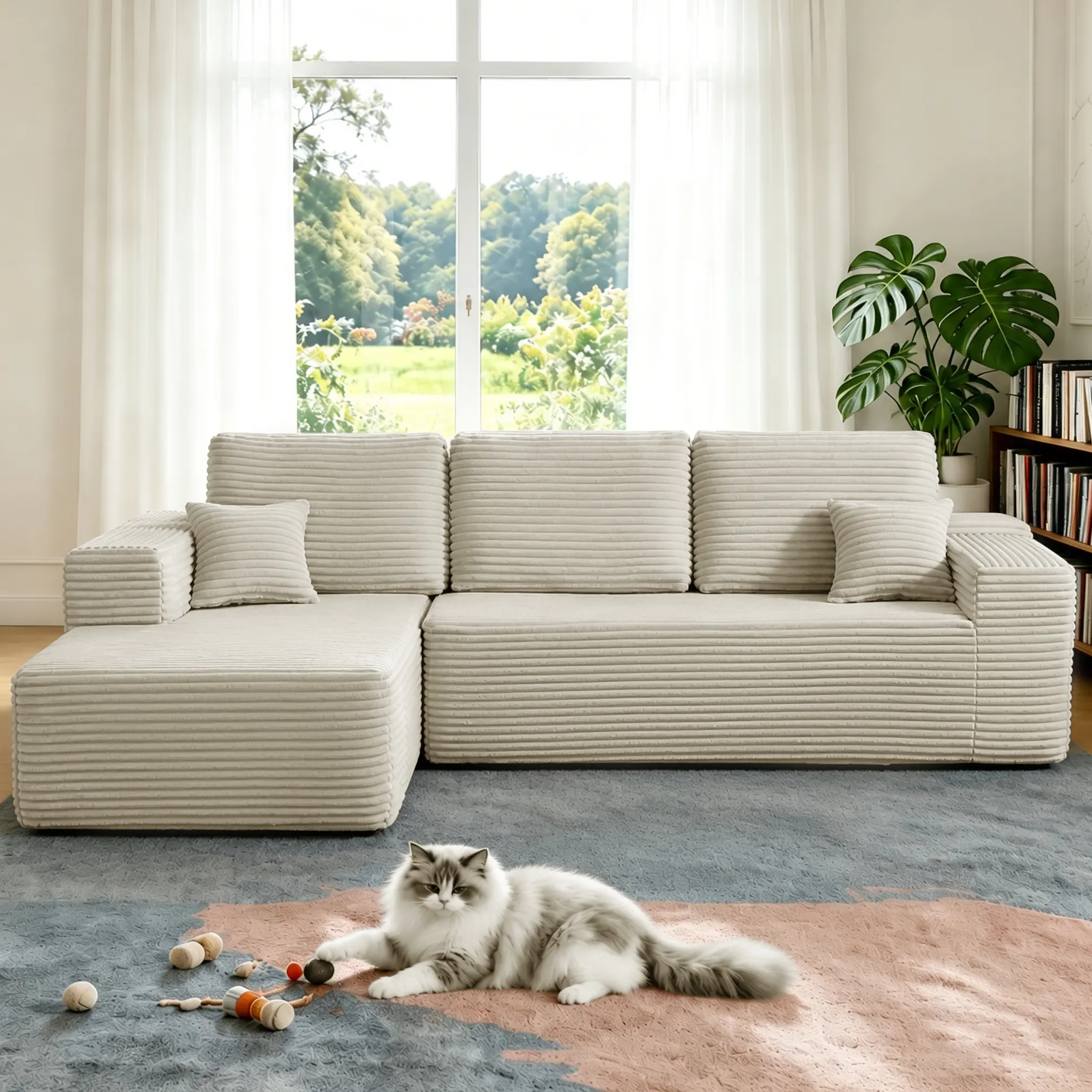105in Beige Chenille L-Shaped Chaise Cloud Modular Sectional Sofa - Sponge-Cushioned Comfy Squishy Modular Couch Living Piece, Deep Seats Plush Upholstered Neutral Home Furniture, Side Pockets, Fully Assembled Space-Saving for Small Apartment Living Room