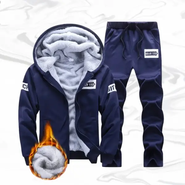 Men's 2-Piece Fitted Fleece-Lined Tracksuit, Stylish Street Style Set with Hooded Design and Personalized Patches, Long Sleeve, Letter Print, Casual Athletic, Machine Washable, Athleisure Gym Clothes, Polyester, Tracksuits, Everyday Wear, Athleisure Wear,