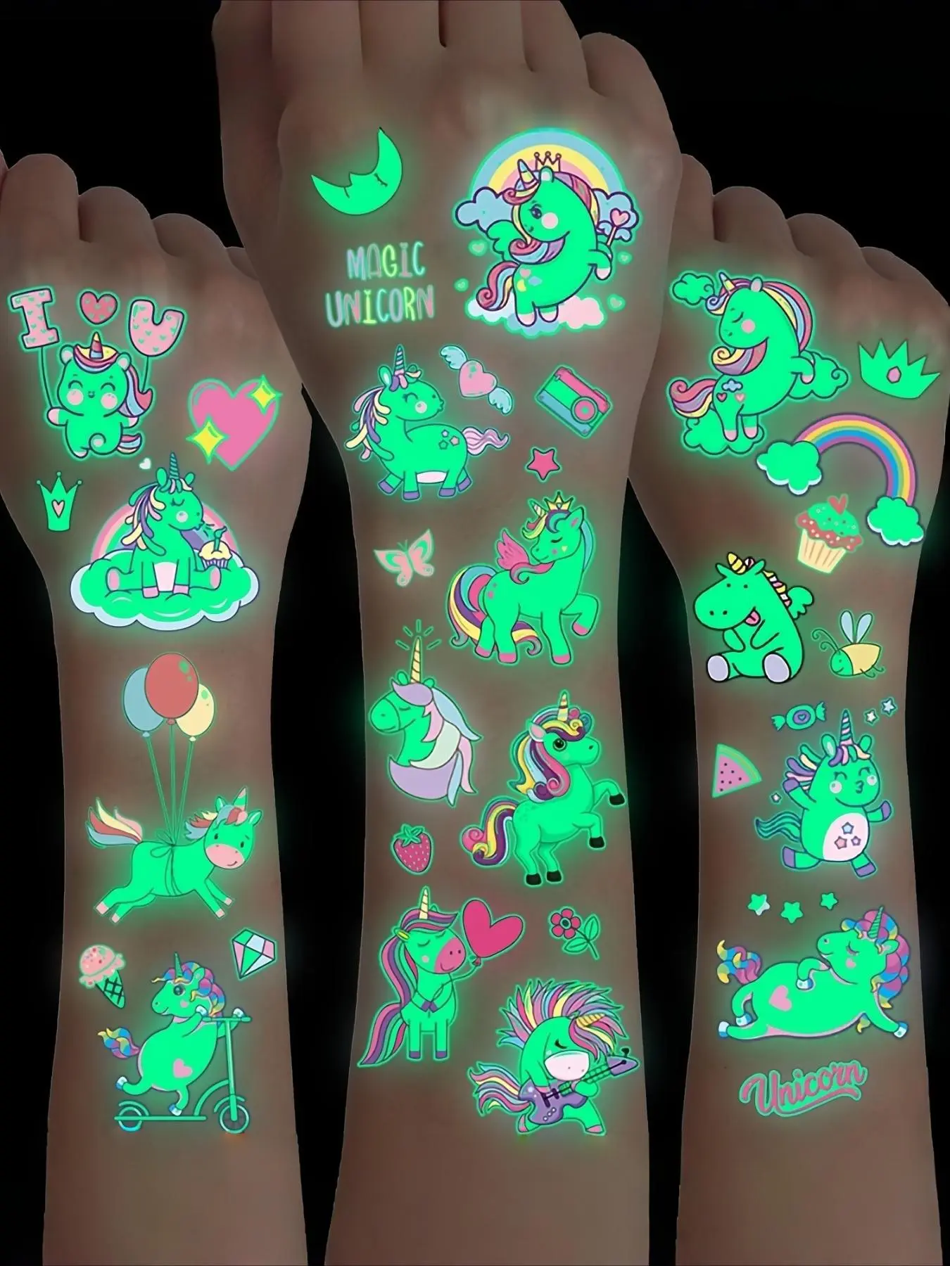 15-Pack Luminous Unicorn Magic Temporary Tattoos, Glow in the Dark Waterproof Feature Convenient Fake Tattoo Stickers, Cute Oblong Shape Fun Shapes for Girls & Boys, Fun Birthday Party Favors & Gifts