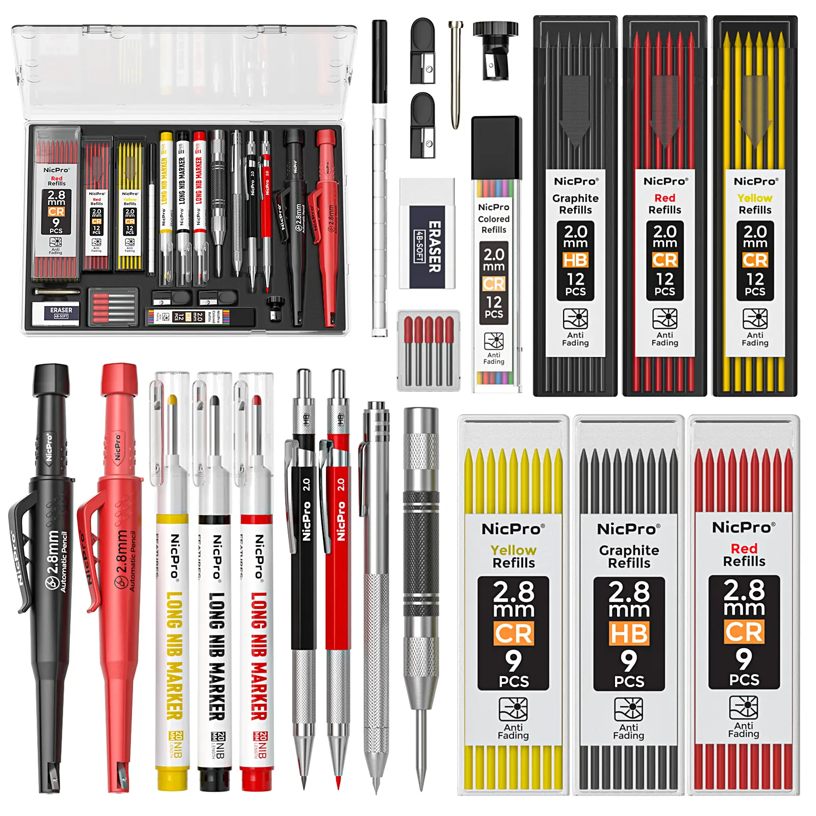 Nicpro 24-Pack CP3000 Mechanical Construction Pencils - 3 Pcs Office Stationery Kit with Sharpener, Deep Hole Marker, Automatic Center Punch, Carbide Scribe Tool, Long Tips, Multi-Size Long Nib, Construction Pencil, Carpenter Pencils