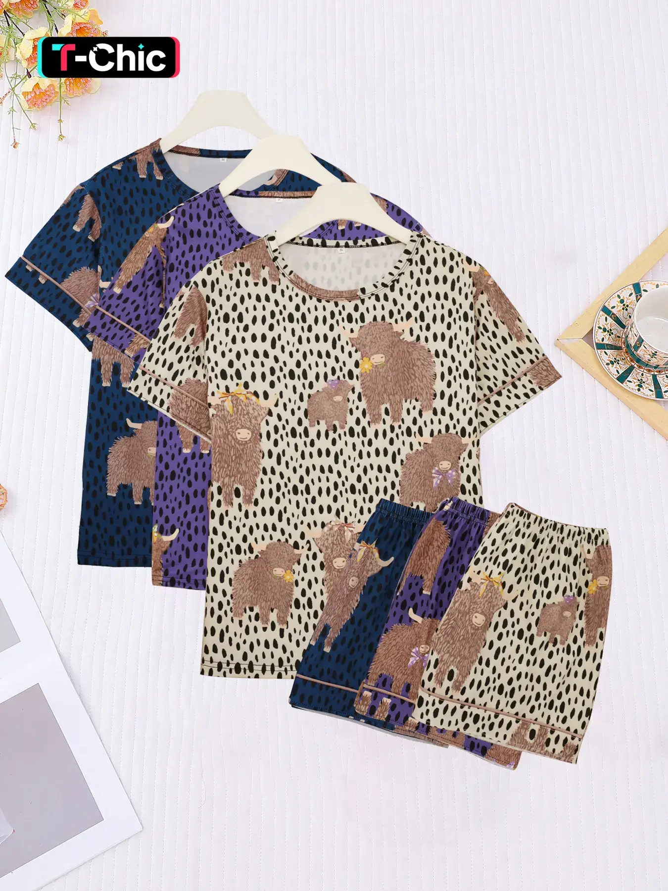 6-Piece Women's Sheep Print Pajama Set, Short Sleeve and Shorts for Spring and Summer, Casual Fitted Homewear for All Seasons, Loungewear, Nightwear
