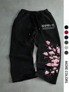 Japanese Cherry Blossom & Kanji Print Black Baggy Sweatpants, Elastic Waist Streetwear Joggers for Men, Sakura Floral Graphic Casual Pants, Casual Loose Pants