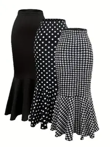 Women's Fitted Polka Dot & Houndstooth Print Skirt, Chic Elegant Aesthetic Casual Fashion Skirt for Daily Outdoor Wear, Ladies Bottoms for All Seasons