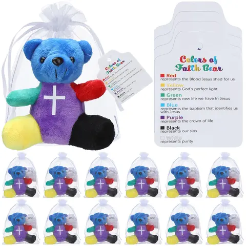 12/18Pcs Jesus Love You Teddy Bear Color of Faith Bear with Bible Card for Church Trunk or Treat Sunday School Baptism Gift Mini Plush Stuffer Animal Bear for Boy Girls Birthday Class Reward Religious Party Favor Halloween Trick or Treat