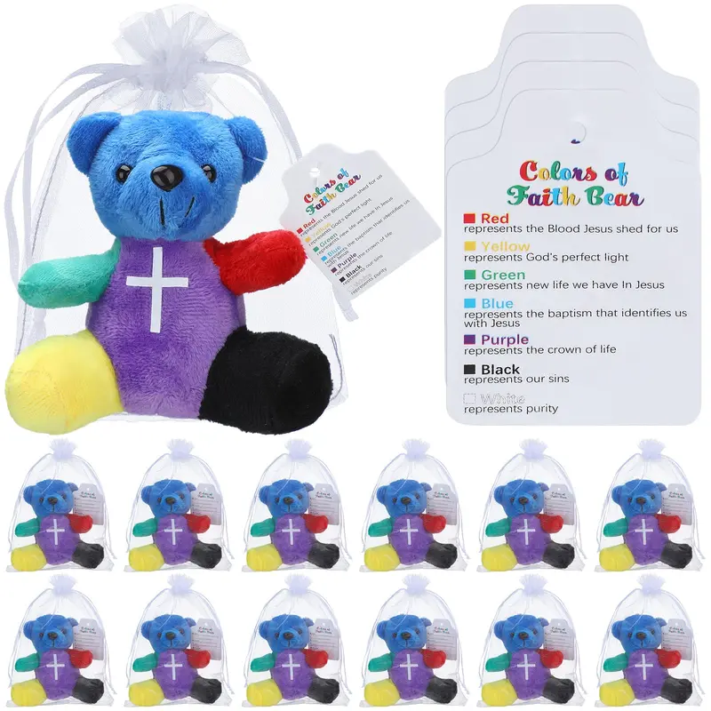 12/18Pcs Jesus Love You Teddy Bear Color of Faith Bear with Bible Card for Church Trunk or Treat Sunday School Baptism Gift Mini Plush Stuffer Animal Bear for Boy Girls Birthday Class Reward Religious Party Favor Halloween Trick or Treat