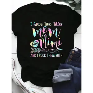 Women's 100% Mimi Graphic T-Shirt - "I Have Two Titles Mom and Mimi" Fun Printed Design, Short Sleeve Round Neck Casual Tee for Casual Attire