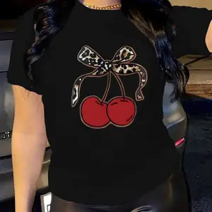 WoMen's Cherry Bow Print T-Shirt Casual Crew Neck Tops Unisex Vintage Graphic T-Shirt for Summer Street wear summer outfits