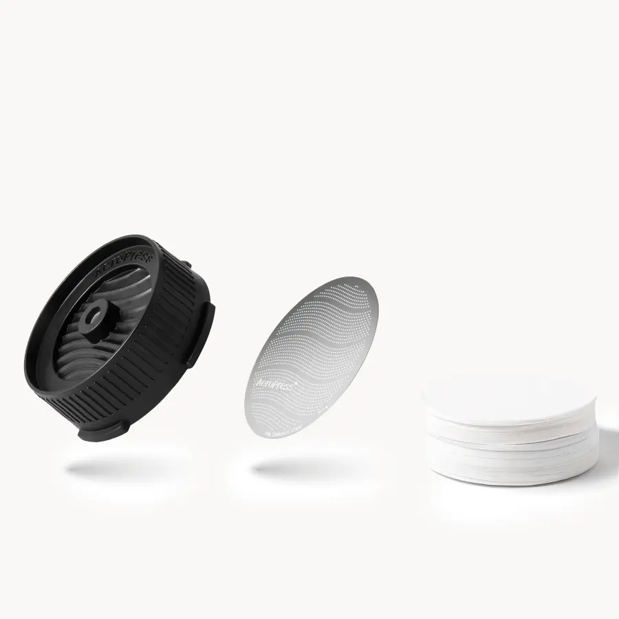 AeroPress Barista Filter Bundle Trio - includes Flow Control Filter Cap, Stainless Steel Filter, and Paper Micro-Filters for standard size AeroPress brewers