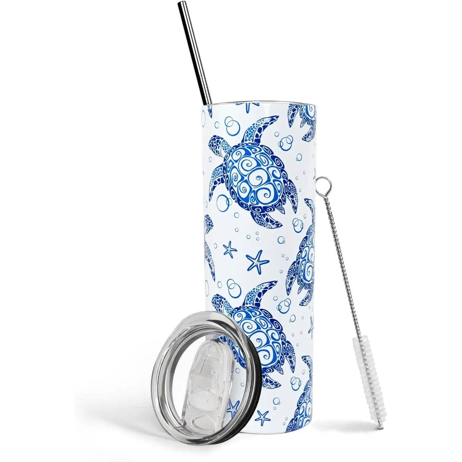 20oz Modern Ocean-Insulated Stainless Steel Sea Turtle Print Skinny Tumbler Mug - Double-Wall Vacuum Insulated Flask with Lid, Straw, Portable Kitchenware Drinkware for Coffee, Travel Gift for Women, Pa