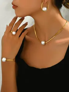Faux Pearl Decor Jewelry Set, Fashionable Jewelry Set, Including Necklace & Bracelet & Earrings & Ring, Elegant Jewelry Set for Party, Daily Clothing Decor, Trendy All-match & Exquisite Jewelry for Birthday Gift, Matching Jewelry Set