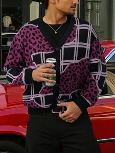 Men's Women's Casual Retro Abstract Floral Pattern Knit Cardigan Sweater, Long Sleeve Button Front Textured Weave Pullover for Spring Fall Winter Knitwear