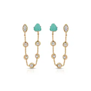 Double Piercing Turquoise Earrings – 18K Gold Plated CZ & Turquoise Statement Drop Earrings, Modern Dual Stone Design Sparkling Cubic Zirconia