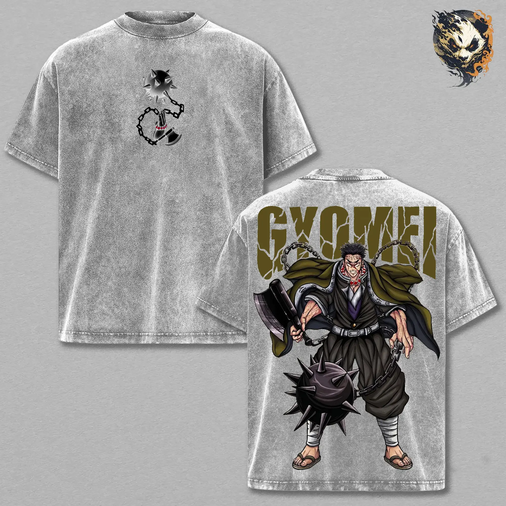 Men's Gyomei Himejima Washed Graphic Top - Unisex Seamless Apparel, Round Neck Shortsleeve, 230gsm Premium Cotton Oversized Streetwear Casual T-Shirt, Soft, Classic, Loose, Fabric, Stylish, Tshirt, Menswear, Pre-Washed, Cartoon Print, Relaxed Cut, Seamles