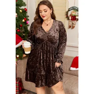 Jungle Green or Coffee Brown Plus Size Velvet Babydoll Mini Dress with Puff Sleeve V Neck Long Sleeve Luxurious Bohemian Summer Outfit Casual Chic Fitted Womenswear Vneck