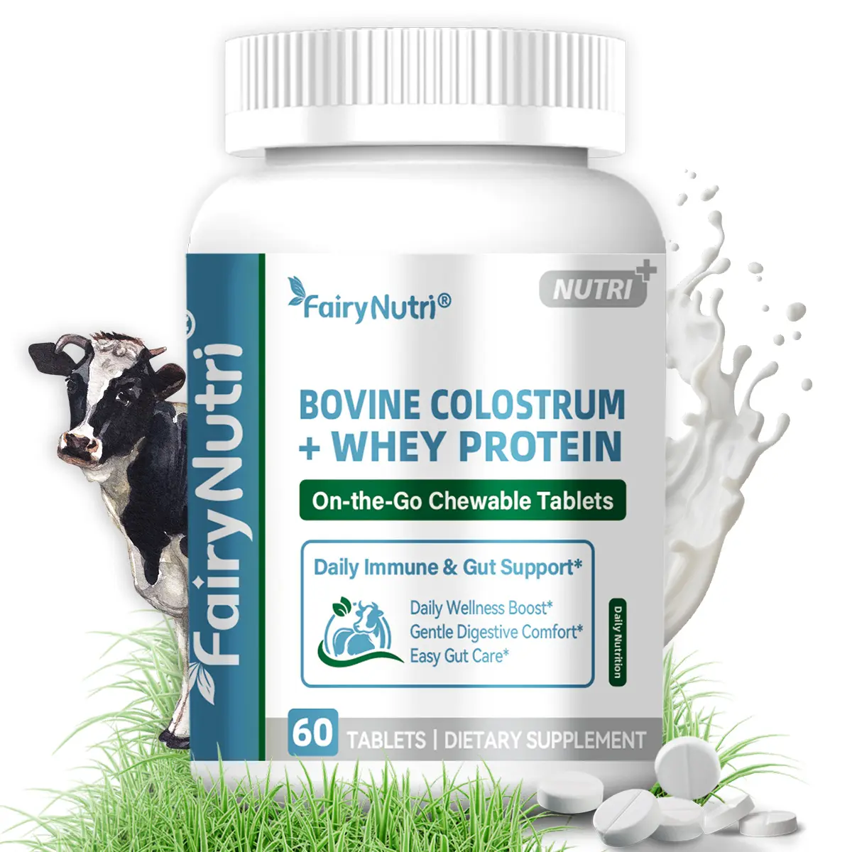 FAIRYNUTRI Edible Bovine Colostrum & Whey Protein Chewables - CGMP-Certified Natural Dietary Supplements, 60-Count for Adult Immune Boost & Gut Digestive Support
