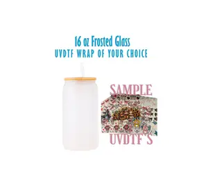 16oz Frosted Glass with UVDTF of your choice with Bamboo Lid Drinkware