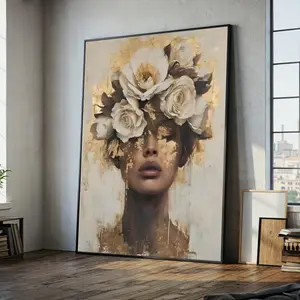 [sale off up to 40%] [Frame Canvas] Elegant Woman Portrait with White Roses Canvas Wall Art, Modern Floral Face Painting, Gold Accent Abstract Art, Bedroom Decor, Large Canvas