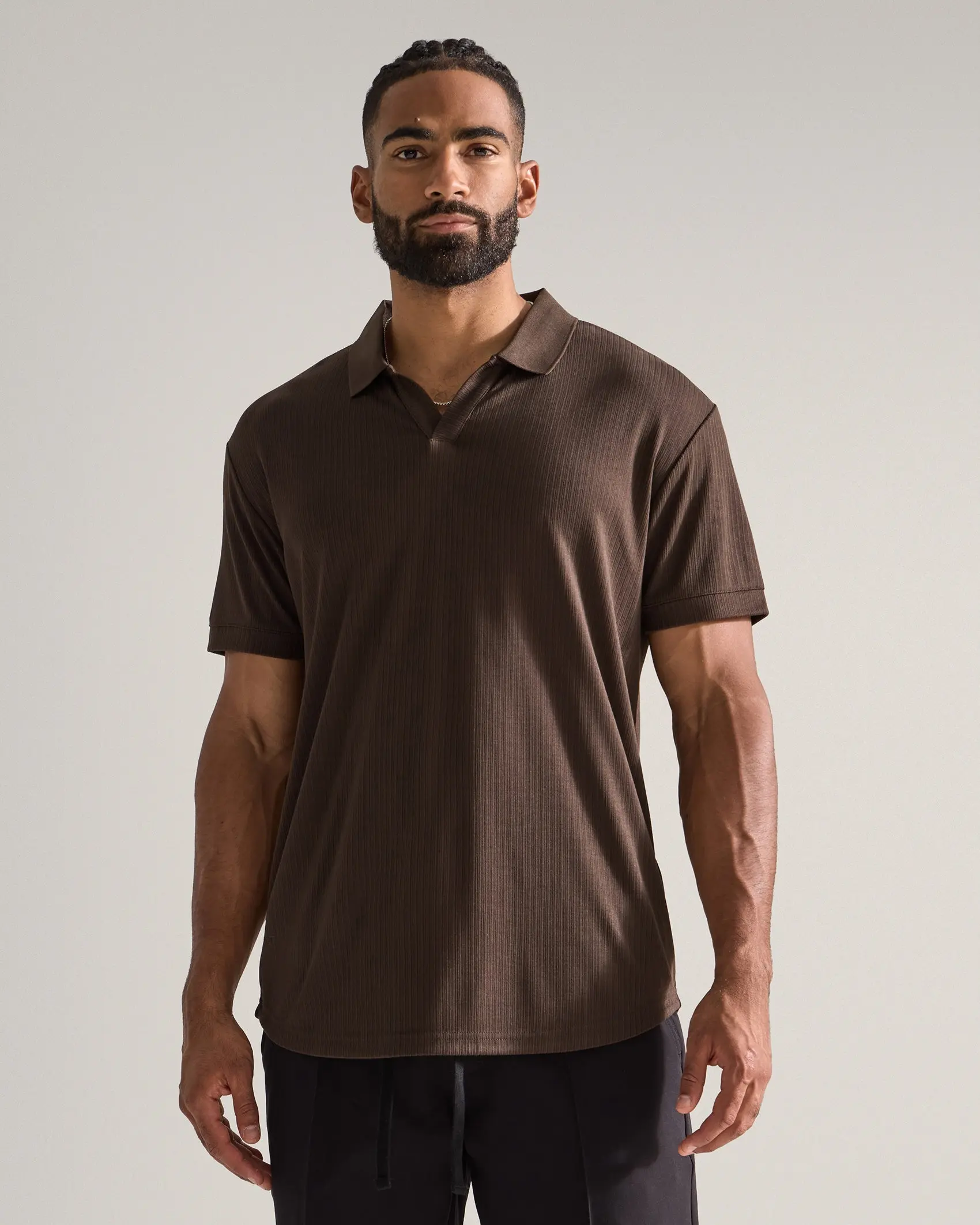Ribbed Short Sleeve Open V Polo Top Shirts